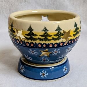 Polish Pottery 2-piece Decorative Tealight Holder with Tree & Snowflake Design